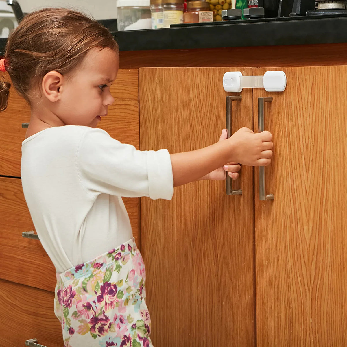 New Version Child Safety Locks 4-Pack. Baby Proof Cabinets, Drawers with Easy Adjustable Strap Length, Double Lock Option, Easier Latch for Adults to